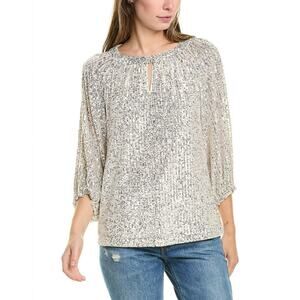 Vince Camuto Womens Sequin Blouse, Medium, Metallic Balloon Sleeves Keyhole New